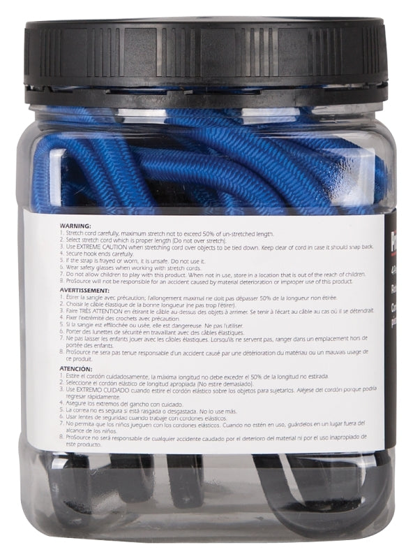ProSource FH4033 Stretch Cord, 9 mm Dia, 36 in L, Polypropylene, Blue, Hook End, Pack of 12