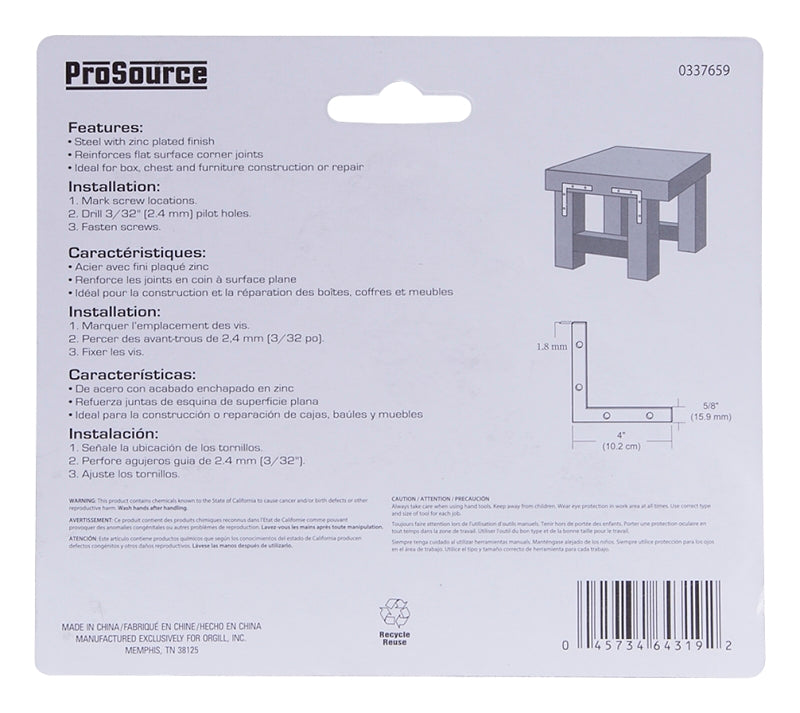 ProSource FC-Z04-C4PS Corner Brace, 4 in L, 4 in W, 5/8 in H, Steel, Zinc-Plated, 1.8 mm Thick Material