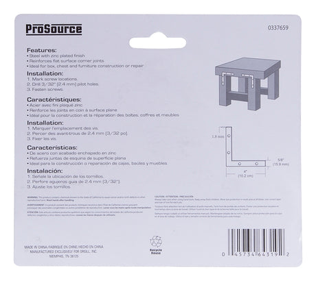 ProSource FC-Z04-C4PS Corner Brace, 4 in L, 4 in W, 5/8 in H, Steel, Zinc-Plated, 1.8 mm Thick Material