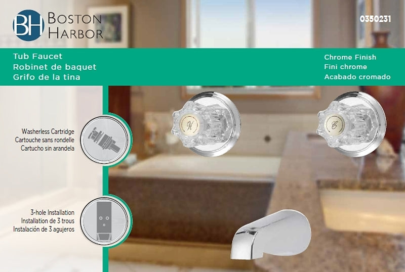 Boston Harbor GU-TQOB015CP Tub Faucet, 2-Handle, Round Handle, Metal/Plastic, Wall Mounting, Plastic Tub Spout