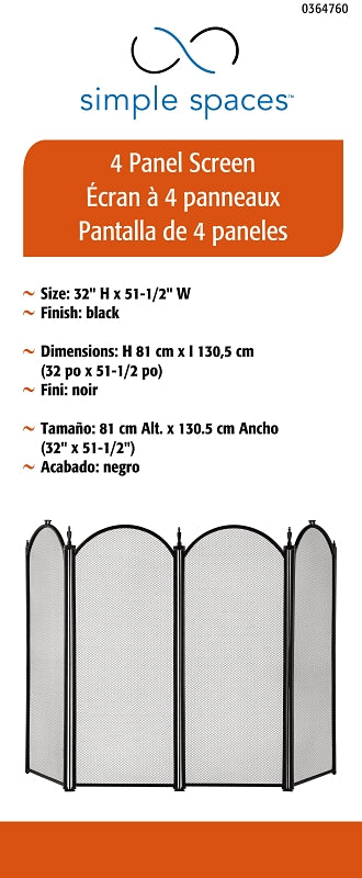 Simple Spaces S41010BK-C3L Fireplace Screen, 51-1/2 in W, 32 in H, Steel, Black Powder-Coated, Black