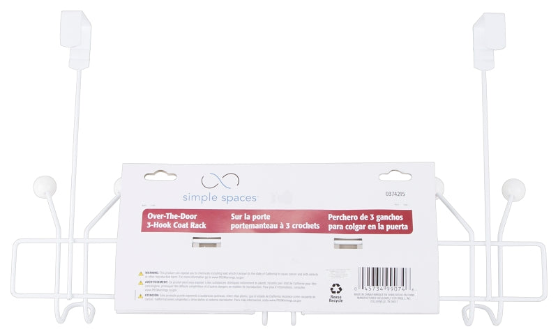 Simple Spaces SS-HG3-50-PE-3L Door Garment Hook, 6 lb, 3-Hook, Steel, Powder Coated, Hanging Mounting