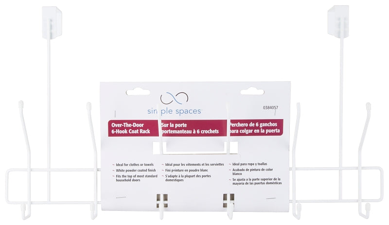 Simple Spaces SS-HG6-50-PE-3L Door Garment Hook, 6 lb, 6-Hook, Steel, Powder Coated, Hanging Mounting
