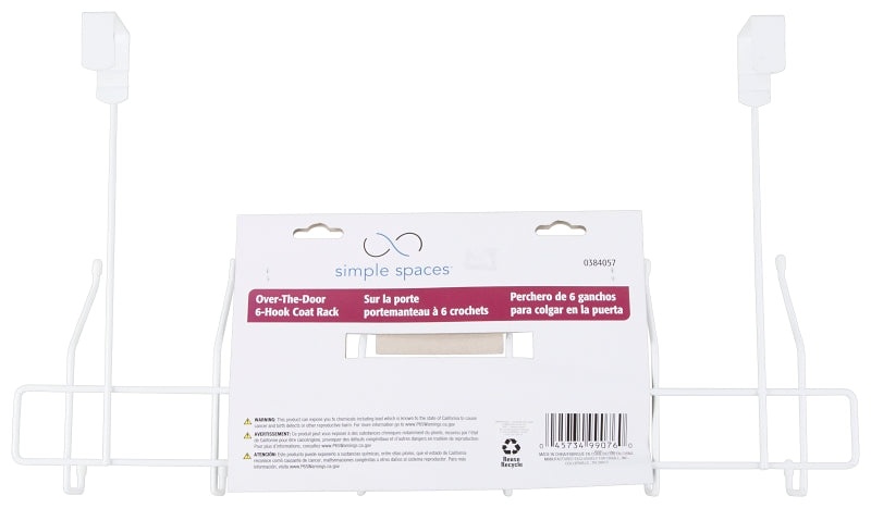 Simple Spaces SS-HG6-50-PE-3L Door Garment Hook, 6 lb, 6-Hook, Steel, Powder Coated, Hanging Mounting