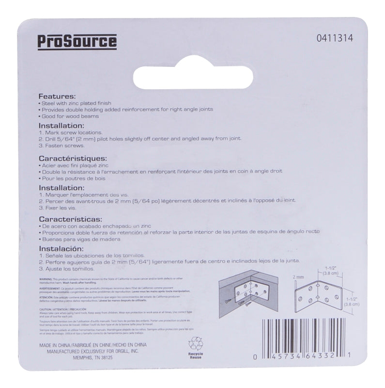 ProSource BH-604PS Corner Brace, 1-1/2 in L, 1-1/2 in W, 1-1/2 in H, Steel, Zinc-Plated, 2 mm Thick Material