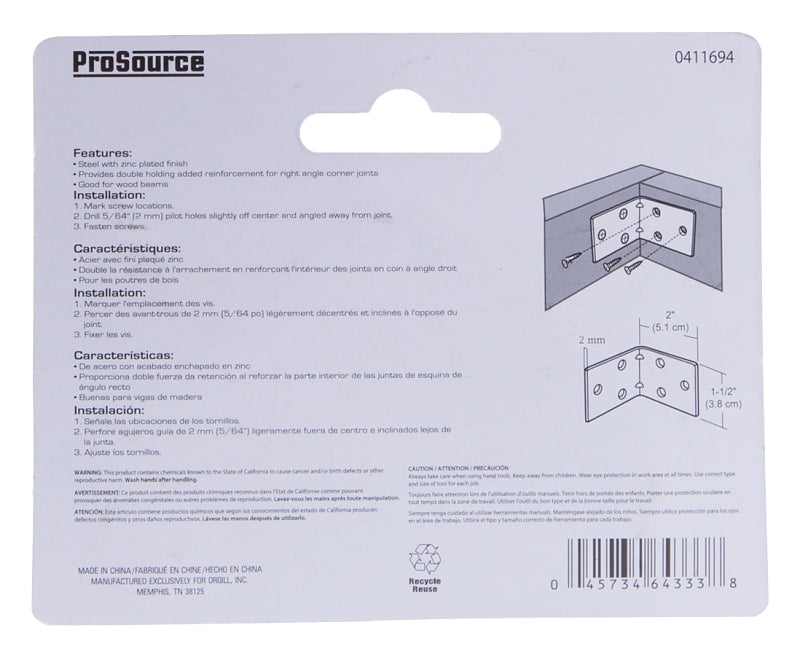 ProSource BH-605PS Corner Brace, 2 in L, 2 in W, 2 in H, Steel, Zinc-Plated, 2 mm Thick Material