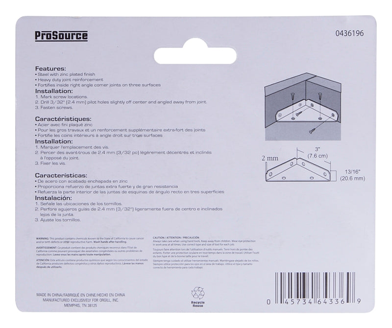 ProSource 22491ZCB-PS Corner Brace, 3 in L, 3 in W, 13/16 in H, Steel, Zinc-Plated, 2 mm Thick Material