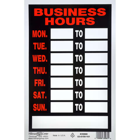 HILLMAN English Black Hours Sign 12 in. H X 8 in. W, Pack of 6