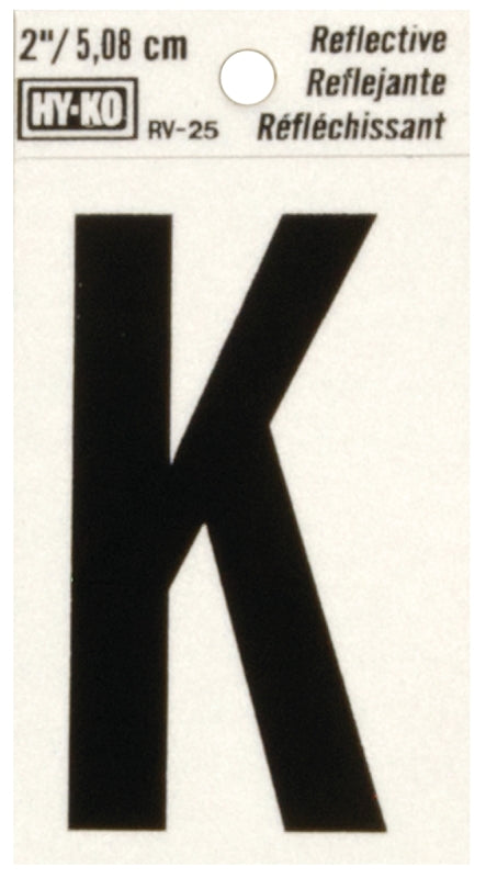 Hy-Ko RV-25/K Reflective Letter, 1-1/2 in W x 3 in H Dimensions, Character: K, 2 in H Character, Black Character, Vinyl, Pack of 10