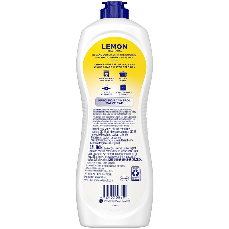 Soft Scrub 00865 Kitchen and Bathroom Cleaner, 24 oz Bottle, Liquid, Lemon, White