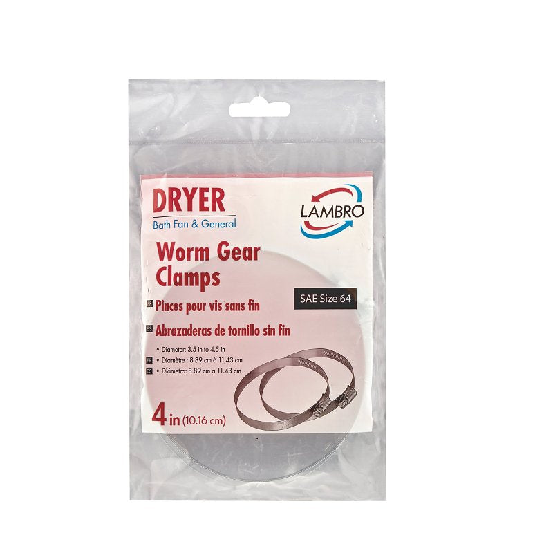 Lambro 2841 Worm Gear Clamp, 4 in Duct, Clamping Range: 3-9/16 to 4-1/2 in, Steel, Zinc
