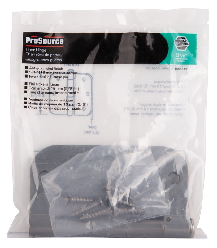 ProSource 20347ANX Door Hinge, Steel, Antique Nickel, Loose Pin, 180 deg Range of Motion, Screw Mounting