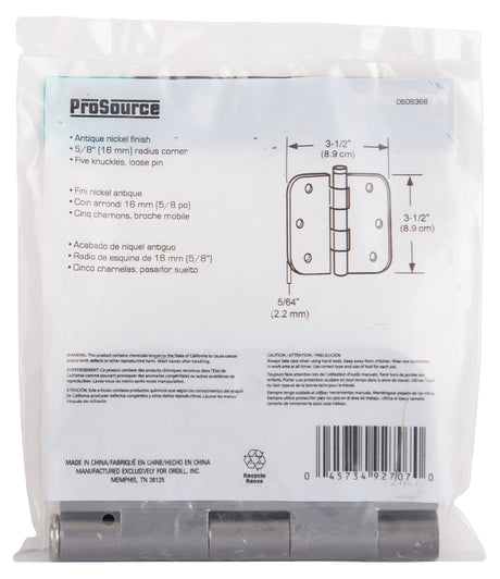ProSource 20347ANX Door Hinge, Steel, Antique Nickel, Loose Pin, 180 deg Range of Motion, Screw Mounting