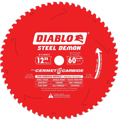 Diablo D1260CF Circular Saw Blade, 12 in Dia, 1 in Arbor, 60-Teeth, Cermet Cutting Edge