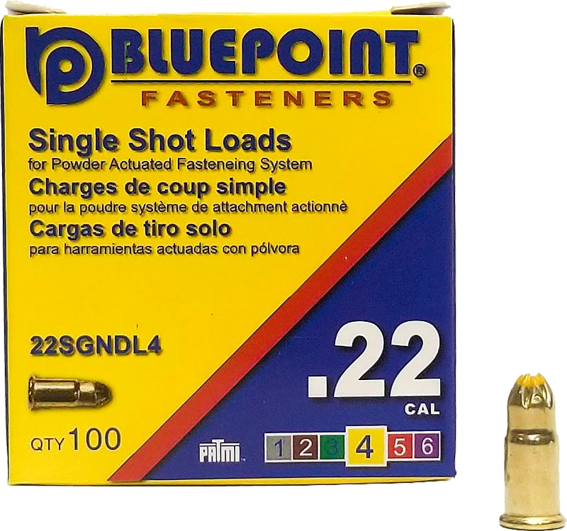 Blue Point Fasteners 22SGNDL4P Powder Load, 0.22 Caliber, Power Level: 4, Yellow Code, 5.6 mm Dia, 16 mm L, Pack of 10