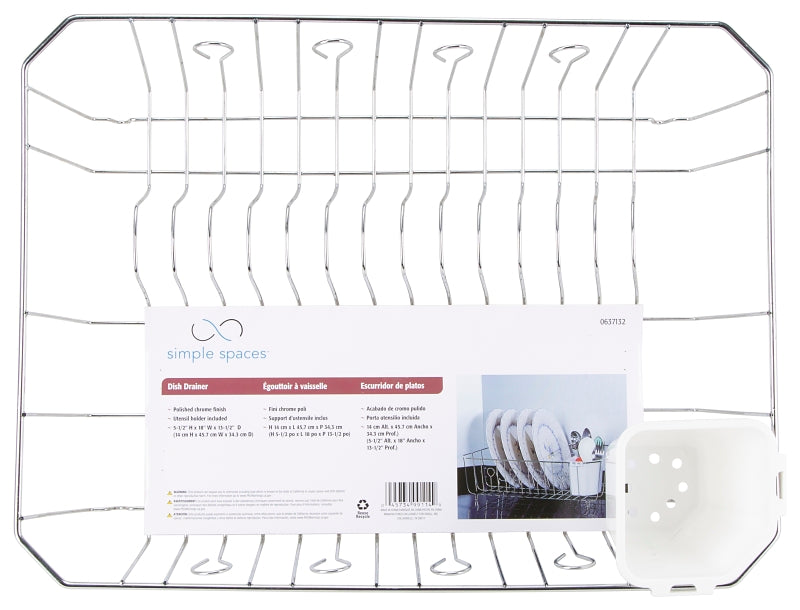 Simple Spaces JI-25C-3L Dish Drainer with Cutlery Basket, 20 lb, 18 in L, 13-1/2 in W, 5-1/2 in H, Steel, Silver, Chrome