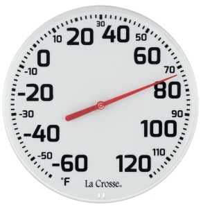 La Crosse 104-1522-TBP Round Thermometer, 8-1/2 in Display, Analog, -60 to 120 deg F, Plastic Casing, White Casing