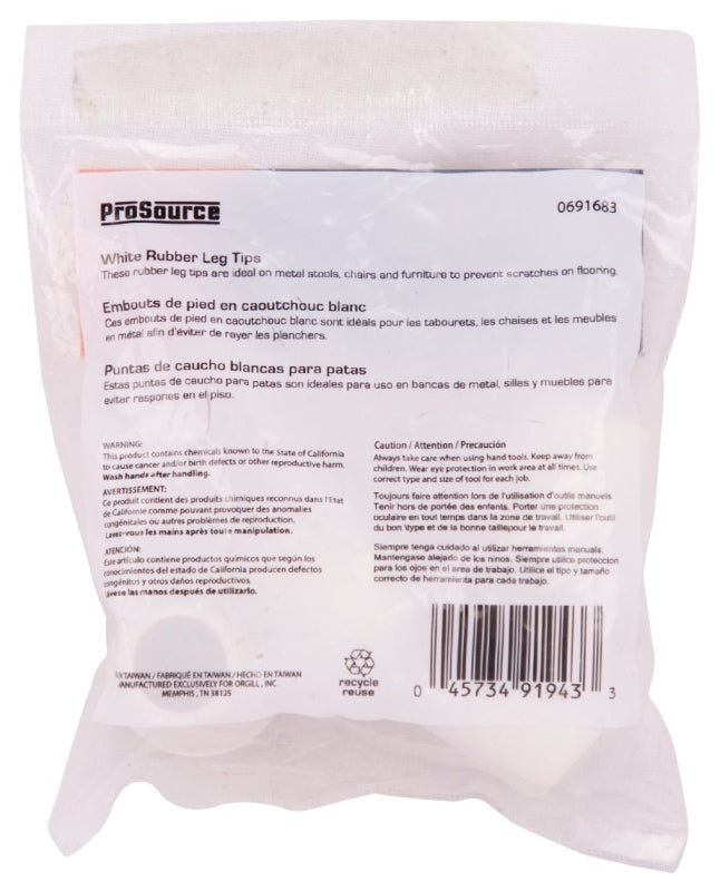 ProSource FE-50641-B Furniture Leg Tip, Round, Rubber, White, 1/2 in Dia, 1.1 in H, Pack of 36