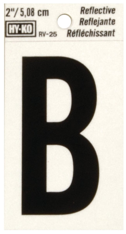 Hy-Ko RV-25/B Reflective Letter, 1-1/2 in W x 3 in H Dimensions, Character: B, 2 in H Character, Black Character, Vinyl, Pack of 10