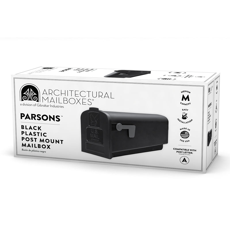 Gibraltar Mailboxes Parson PL10B0201 Series Rural Mailbox, Black, 875 cu-in Capacity, Plastic, 7.9 in W, 19.4 in D