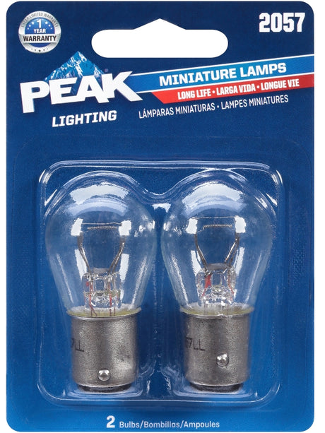Peak 2057LL-BPP Miniature Automotive Bulb, 400 Lumens, 12.8 V, 27 W, Bayonet, Clear, Incandescent Lamp