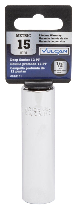 Vulcan MT6528976 Drive Socket, 15 mm Socket, 1/2 in Drive, 12-Point, Chrome Vanadium Steel, Chrome