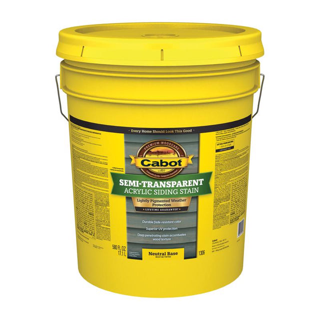 Cabot 1300 Series 140.0001306.008 Exterior Stain, Semi-Transparent, Neutral Base, Liquid, 5 gal, Pail