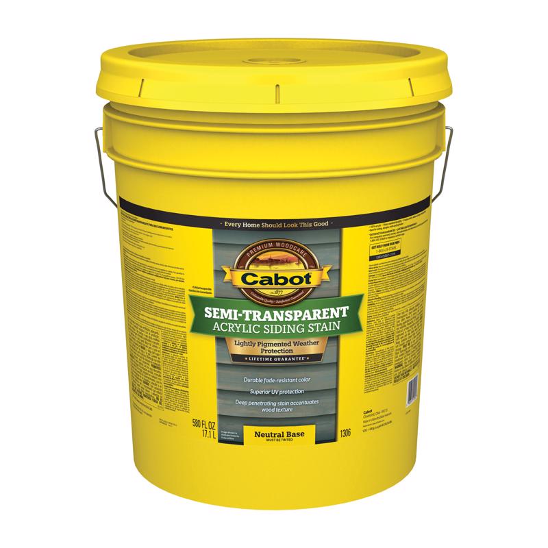 Cabot 1300 Series 140.0001306.008 Exterior Stain, Semi-Transparent, Neutral Base, Liquid, 5 gal, Pail