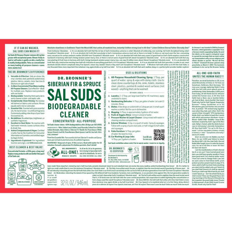 Dr. Bronner's Sal Suds Pine Scent Concentrated Organic Biodegradable Cleaner Liquid 32 oz, Pack of 12