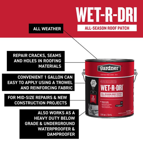 Gardner WET-R_DRI Gloss Black Patching Cement All-Weather Roof Cement 3.6 qt. cap., Pack of 6