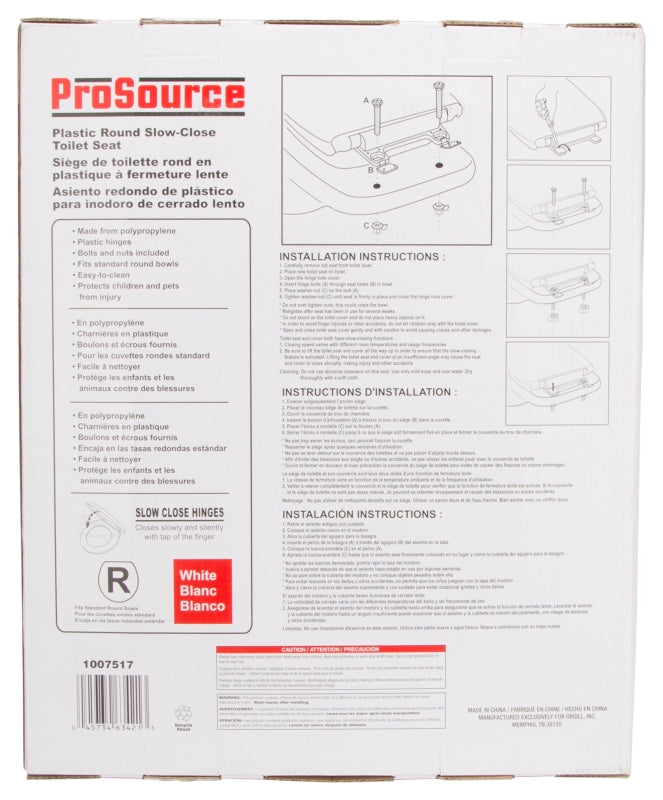 ProSource Q-328-WH Toilet Seat, Round, Polypropylene, White, Plastic Hinge