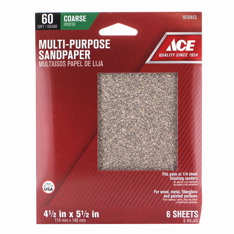 Ace 5-1/2 in. L X 4-1/2 in. W 60 Grit Aluminum Oxide 1/4 Sheet Sandpaper 6 pk, Pack of 10