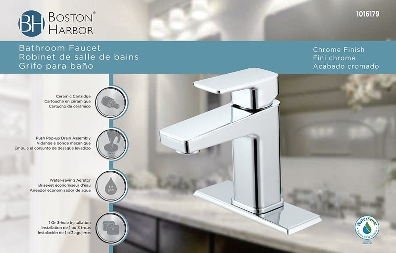 Boston Harbor FS6A0215CP Lavatory Faucet, 1.2 gpm, 1-Handle, 1, 3-Faucet Hole, Metal/Plastic, Chrome Plated