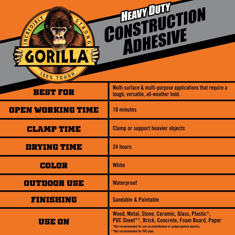 Gorilla All Purpose Construction Adhesive 7 oz, Pack of 6