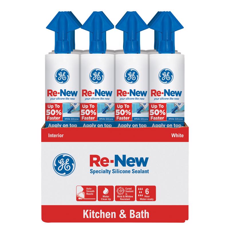 GE Re-New White Silicone Kitchen and Bath Caulk Sealant 9.5 oz, Pack of 12