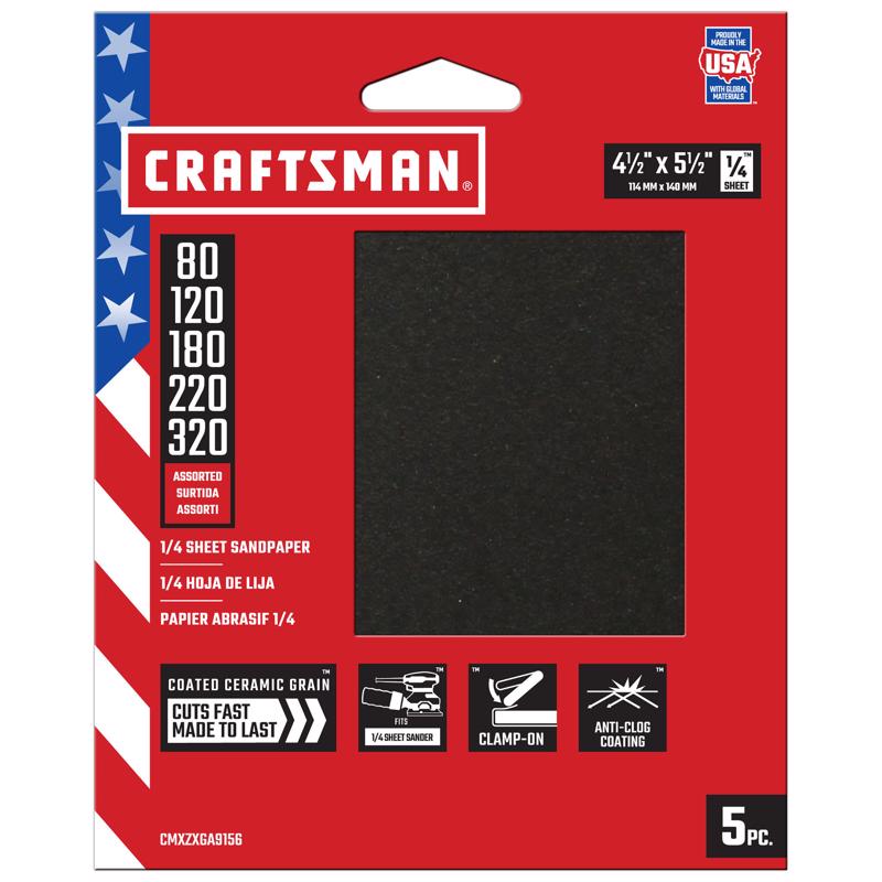 Craftsman 5.5 in. L X 4.5 in. W Assorted Grit Ceramic 1/4 Sheet Sandpaper 5 pk, Pack of 5