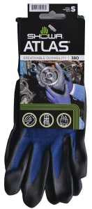 Showa 380S-06.RT Coated Gloves, S, 8-21/32 to 10-15/64 in L, Elastic Cuff, Nitrile Foam Coating, Black/Blue