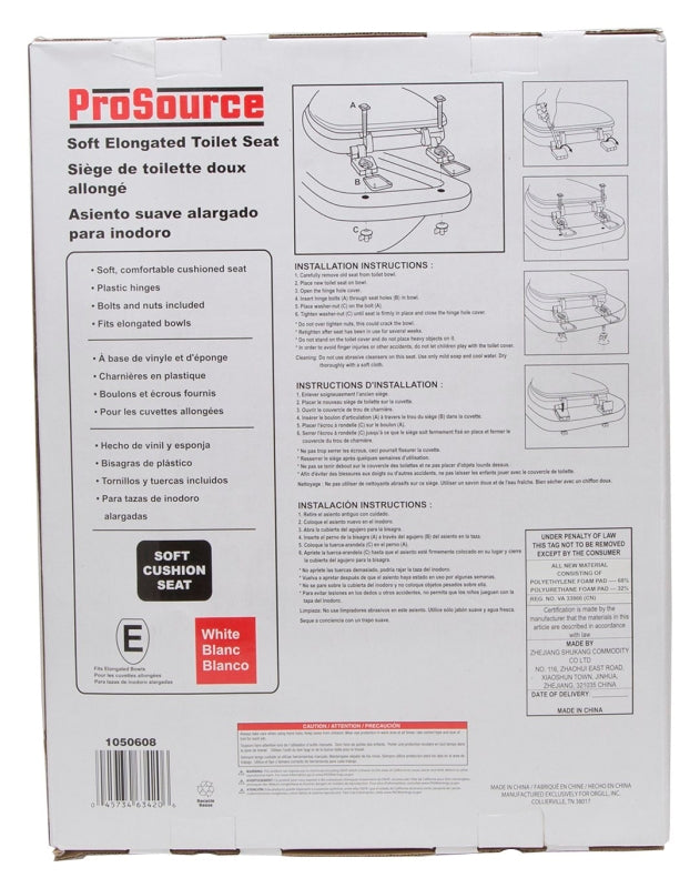 ProSource ES001-WH Toilet Seat, Elongated, PP, White, Plastic Hinge