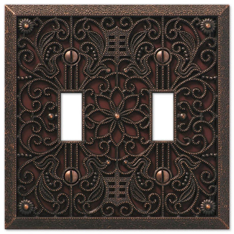 Amerelle Filigree 65TTDB Wallplate, 4-1/2 in L, 4-7/16 in W, 2 -Gang, Metal, Aged Bronze, Pack of 3