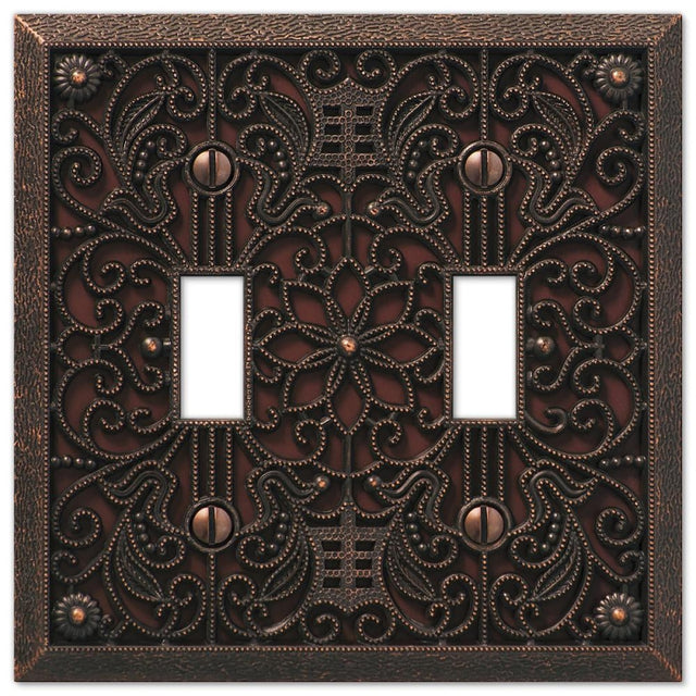 Amerelle Filigree 65TTDB Wallplate, 4-1/2 in L, 4-7/16 in W, 2 -Gang, Metal, Aged Bronze, Pack of 3