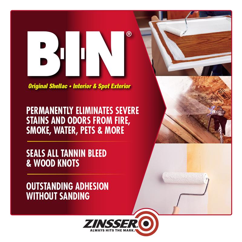 Zinsser B-I-N White Flat Shellac-Based Primer and Sealer 1 qt, Pack of 6