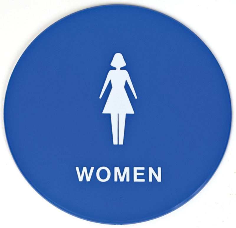 Hy-Ko T-24W Graphic Sign, Round, WOMEN, White Legend, Blue Background, Plastic, 12 in W x 12 in H Dimensions, Pack of 3