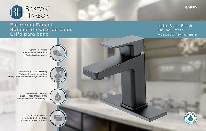 Boston Harbor FS6A0215BL Lavatory Faucet, 1.2 gpm, 1-Handle, 1, 3-Faucet Hole, Metal/Plastic, Matte Black