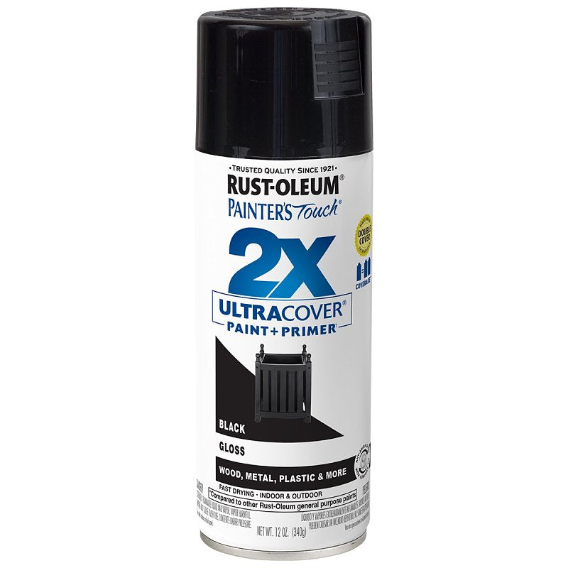 Painter's Touch 2X Ultra Cover 334026 Spray Paint, Gloss, Black, 12 oz Aerosol Can