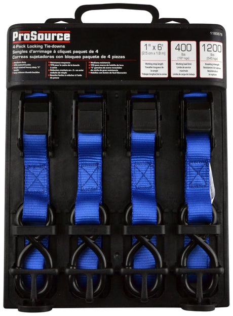 ProSource FH64051 Tie-Down, 1 in W, 6 ft L, Polyester Webbing, Metal Buckle, Blue, 400 lb, S-Hook End Fitting, Pack of 6