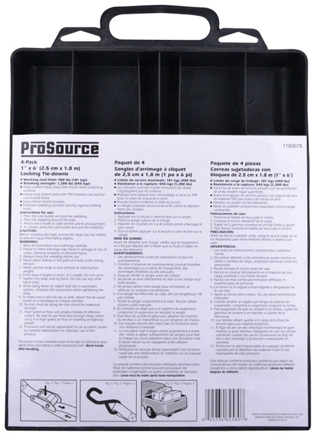ProSource FH64051 Tie-Down, 1 in W, 6 ft L, Polyester Webbing, Metal Buckle, Blue, 400 lb, S-Hook End Fitting, Pack of 6