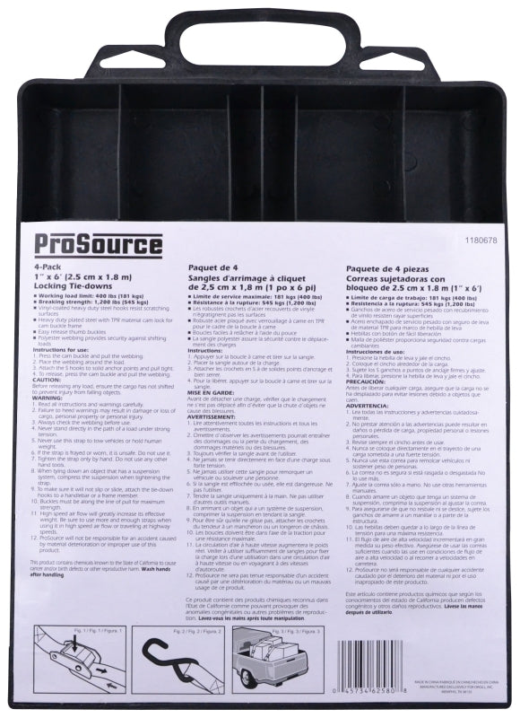 ProSource FH64051 Tie-Down, 1 in W, 6 ft L, Polyester Webbing, Metal Buckle, Blue, 400 lb, S-Hook End Fitting, Pack of 6
