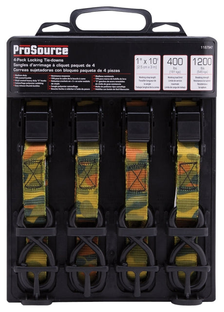 ProSource FH64068 Tie-Down, 1 in W, 10 ft L, Polyester Webbing, Metal Buckle, Camouflage, 400 lb, S-Hook End Fitting, Pack of 6