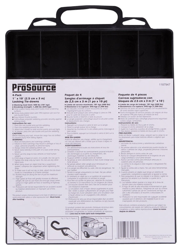 ProSource FH64068 Tie-Down, 1 in W, 10 ft L, Polyester Webbing, Metal Buckle, Camouflage, 400 lb, S-Hook End Fitting, Pack of 6