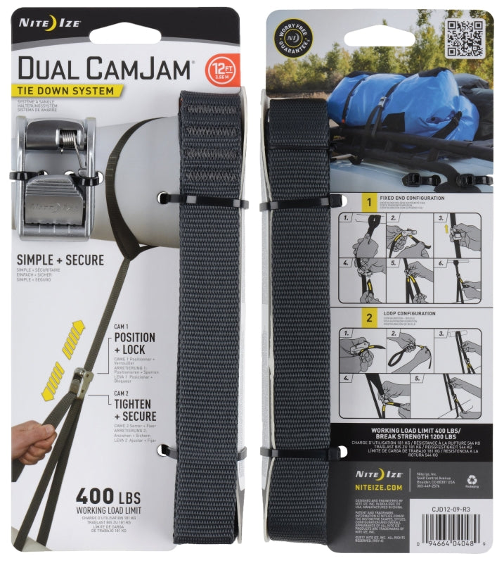 Nite Ize CJD12-09-R3 Tie-Down System, 1 in W, 12 ft L, Polypropylene/Zinc, Gray, 400 lb